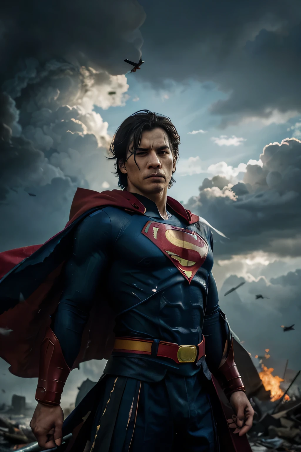 A striking conceptual portrait of a unique character fusion, combining the essence of Superman and a samurai warrior. The character dons a vibrant red cape and blue suit, with the iconic 'S' emblem prominently displayed on his chest. Behind him, two katanas are crossed, further emphasizing his warrior spirit. The dramatic backdrop features a stormy sky, with clouds swirling and debris flying in all directions, indicating an intense battle or situation. The character's serious and determined facial expression conveys his unwavering resolve in the face of adversity., vibrant, fashion, typography, painting, portrait photography, illustration, cinematic, ray tracing, best quality, award winning, best quality, 16k, HD, masterpiece
