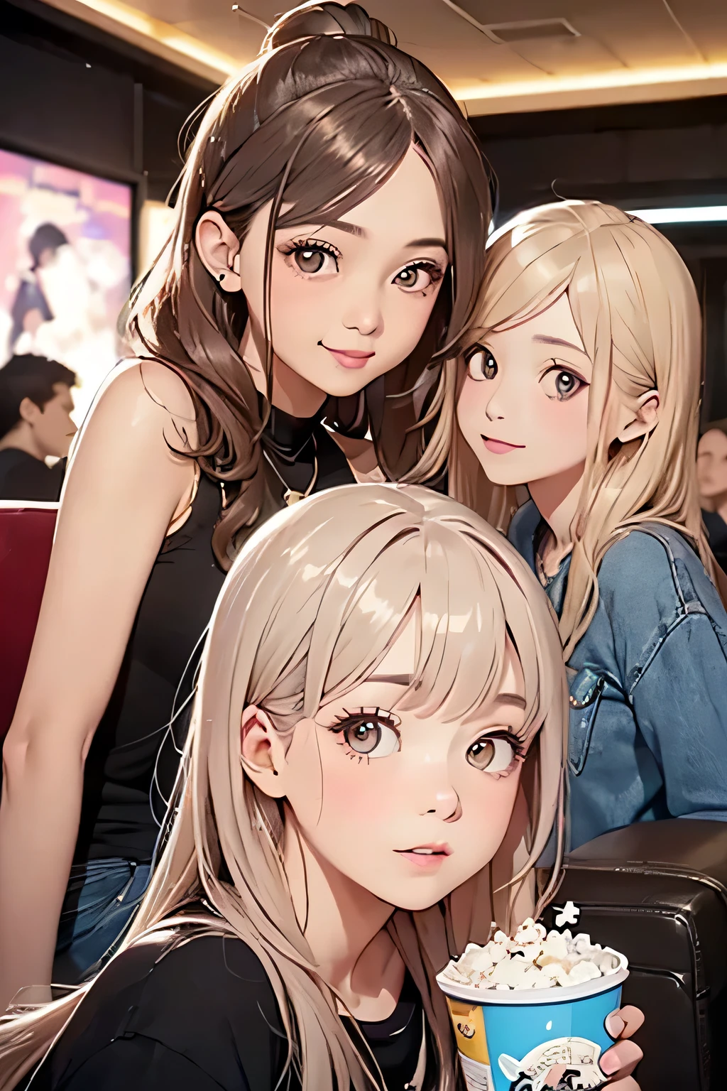 highest quality、High resolution、Detailed Background、(Beautiful face in every detail:1.4)、Anatomically correct、(Draw the usual number of fingers:1.2)、(Detailed facial expressions)、(Detailed eyes:1.2)、(Detailed eyes:1.2)、Beautiful, smooth skin、Teenage beauty、(Highly detailed face:1.4)、Cute color hair color、ponytail、Bobcut、Braided long hair、Wavy Hairstyle、well-groomed eyebrows、Cute Eye Makeup、Cute Lip Makeup、Perfect body line、(Cute clothes that don't reveal much:1.2)、Cowboy Shot、
(Two beautiful girls having a good time on a movie date:1.5)、
Watch indie and arthouse films at small cinemas、We recommend casual and cool styling such as boyfriend jeans and band T-shirts.、Adding casual accessories such as a side bag or sneakers will give your outfit a cuter and more artistic look.、
A movie date will be even more special if you enjoy styling that matches the atmosphere of the theater and the genre of the movie.