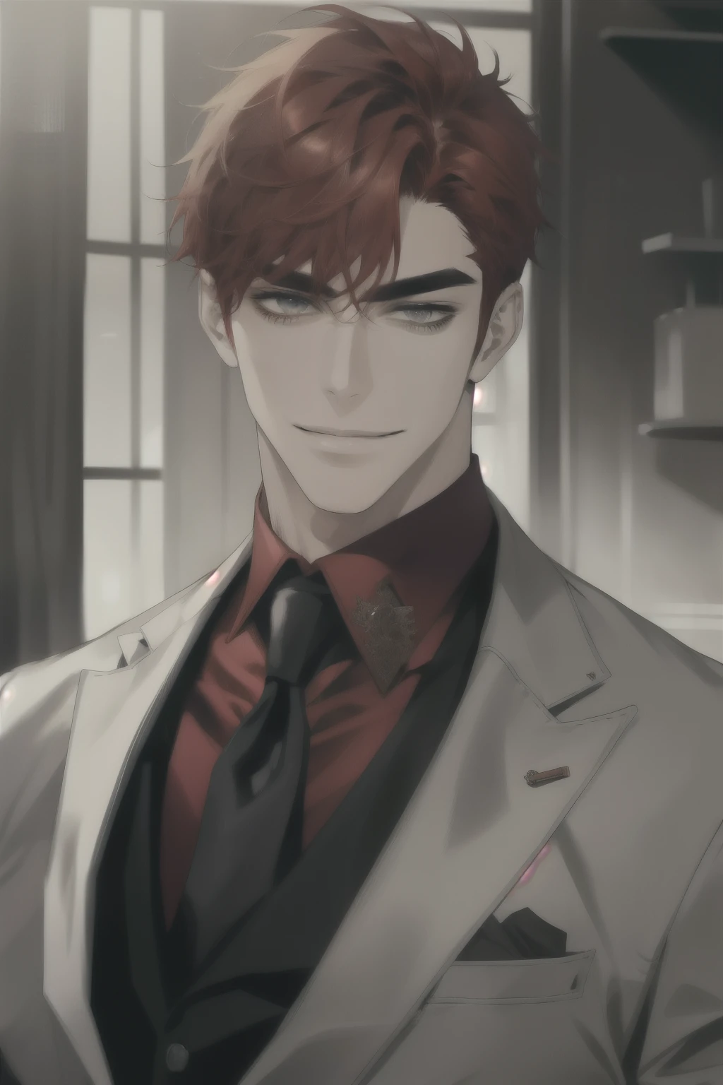 masterpiece, best quality, realistic, 1man, male focus, tall muscular, handsome, [thick eyebrows:0.5], smile, suit, portrait, extremely detailed face, red hair, (short hair)