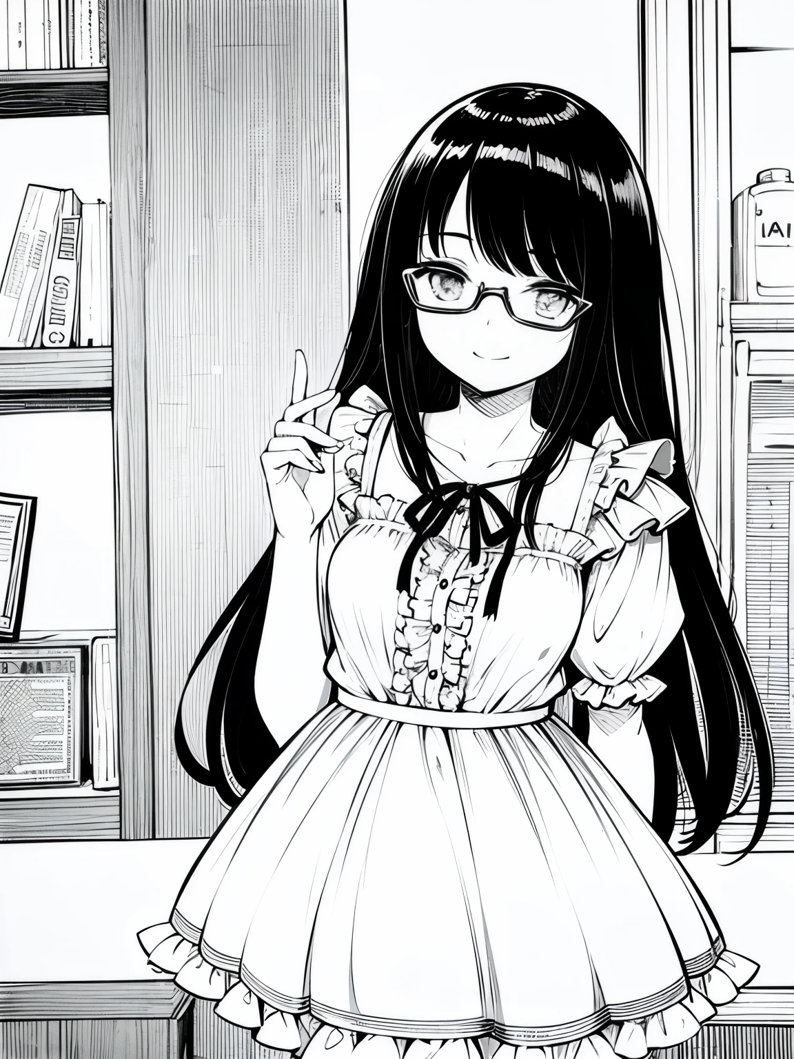a girl with eyeglasses, straight hair until her shoulder, cute. black and white, manga, art style is similar to current manga’s right now. she’s wearing a dress with cute ribbons and smiling happily. Similar to the model but it should be a manga-like sketch and is black and white.