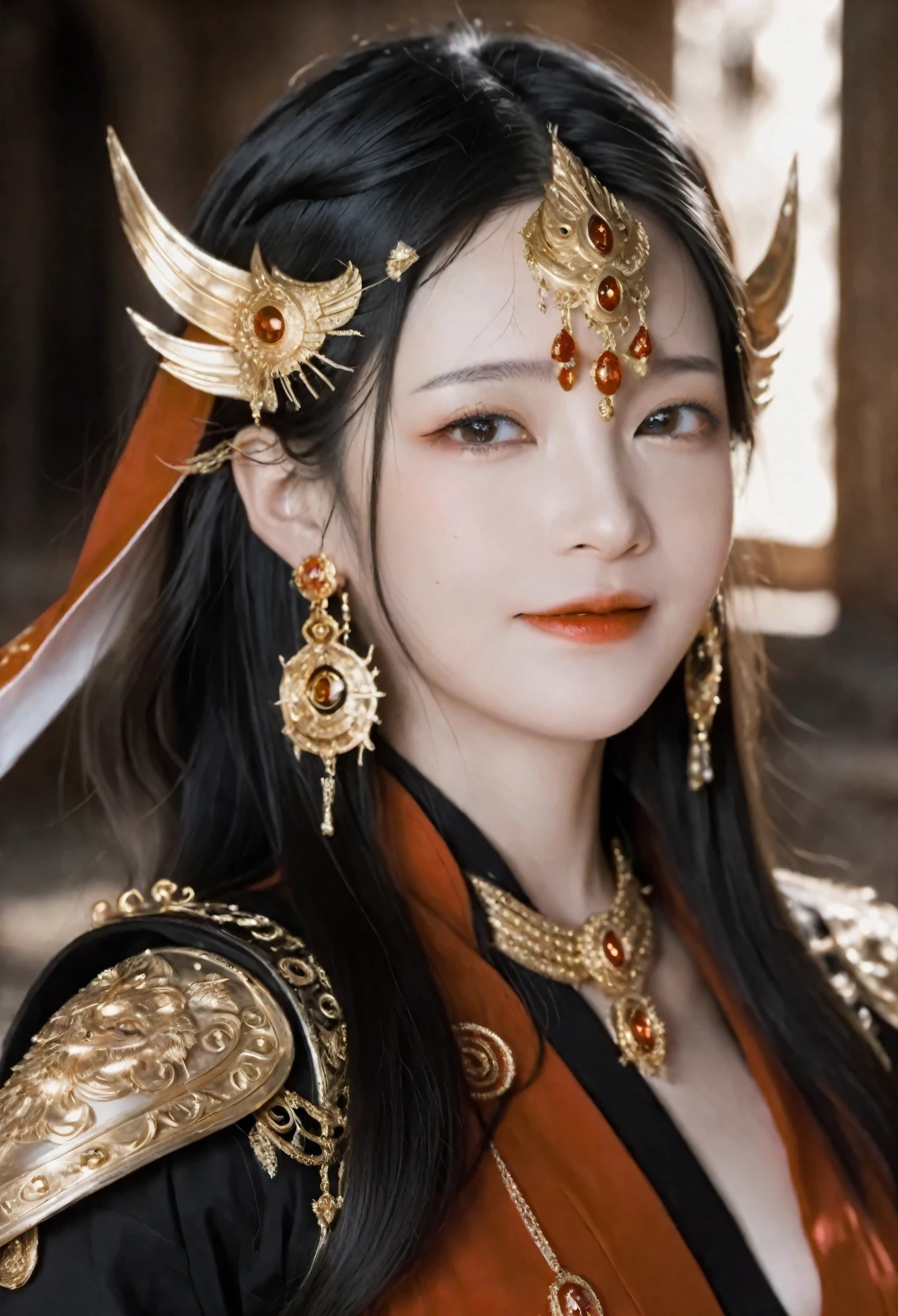 Concept art, fantasy theme, close-up shot, dramatic and highly detailed. A girl with long black straight hair and red eyes, wearing black armor and a red robe. She has a beautiful face and a perfect female figure, adorned with an earring. Her posture is alluring and prestigious, with a focus on her upper body as she looks into the distance with an evil laugh. The background features an indoor scene with ruins and fire, creating a mystical and intense atmosphere. High contrast lighting, Nikon camera, 100mm lens, F1.2 aperture.