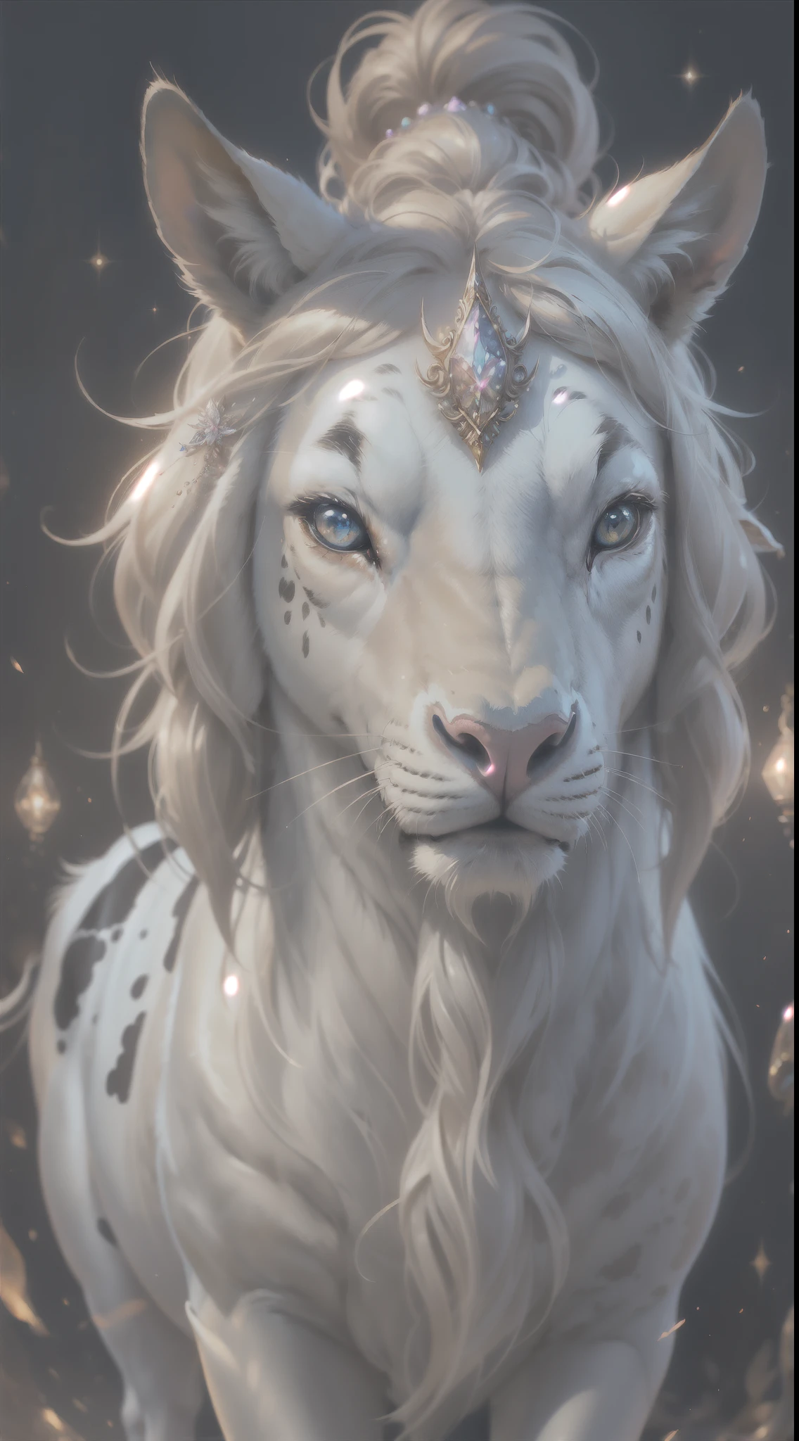 (((masterpiece))), (((best quality))), ((ultra-detailed)),(highly detailed CG illustration), ((an extremely delicate and beautiful)),cinematic light. This image is highly detailed, semi-realistic fantasy art with beautiful shimmer, glimmer, and glitter. Create a beautiful and graceful fantasy cow-unicorn woman. The woman should have the best features of both unicorn and cow. The creature is cute and graceful and elegant. Its eyes are highly detailed, with realistic shading and realistic details. Its fur is beautiful and shimmering.