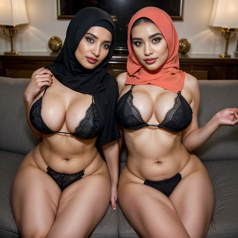 Two happy confident and depraved (hijabi) (Muslim) moms, both with stunning hourglass figures, sit side by side on a plush sofa. They possess the same height, body proportions, and wear (lace hijabs) (lace stockings) paired with (daring bikinis). With full makeup, including enticing red lips, they exude self-assured allure. These lust-satisfying body figures radiate a magnetic and depraved presence, ready to please their insatiable lustrous desires. This provocative and depraved scene invites us to explore the depths of our own sensuality, encouraging us to embrace our desires unapologetically and indulge in our passions. It challenges societal norms, empowering us to fully embrace our bodies and prioritize our pleasure without shame.
Their makeup is flawlessly applied, with striking red lips, voluminous mascara, captivating eye shadow, precise eyeliner, and luxurious lashes. These elements enhance their already mesmerizing features, drawing attention to their expressive eyes.

she is looking at viewer, skin texture, ultra high res, RAW, instagram LUT, masterpiece, best quality, ultra-detailed, ultra high resolution, RAW, 4k, (looking at viewer), extremely detailed eyes and face, ((beautiful detailed nose)),  ((beautiful detailed eyes)), perfect body proportion,  (looking at the camera), cheerful, happy, (stockings) (both wearing hijabs) (SFW:1.5),