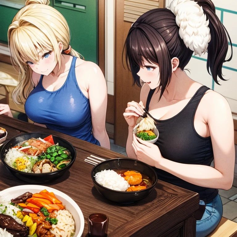 A woman in a tight tank top and tight hot pants eating hot stone bibimbap at a Korean food stall　highest quality