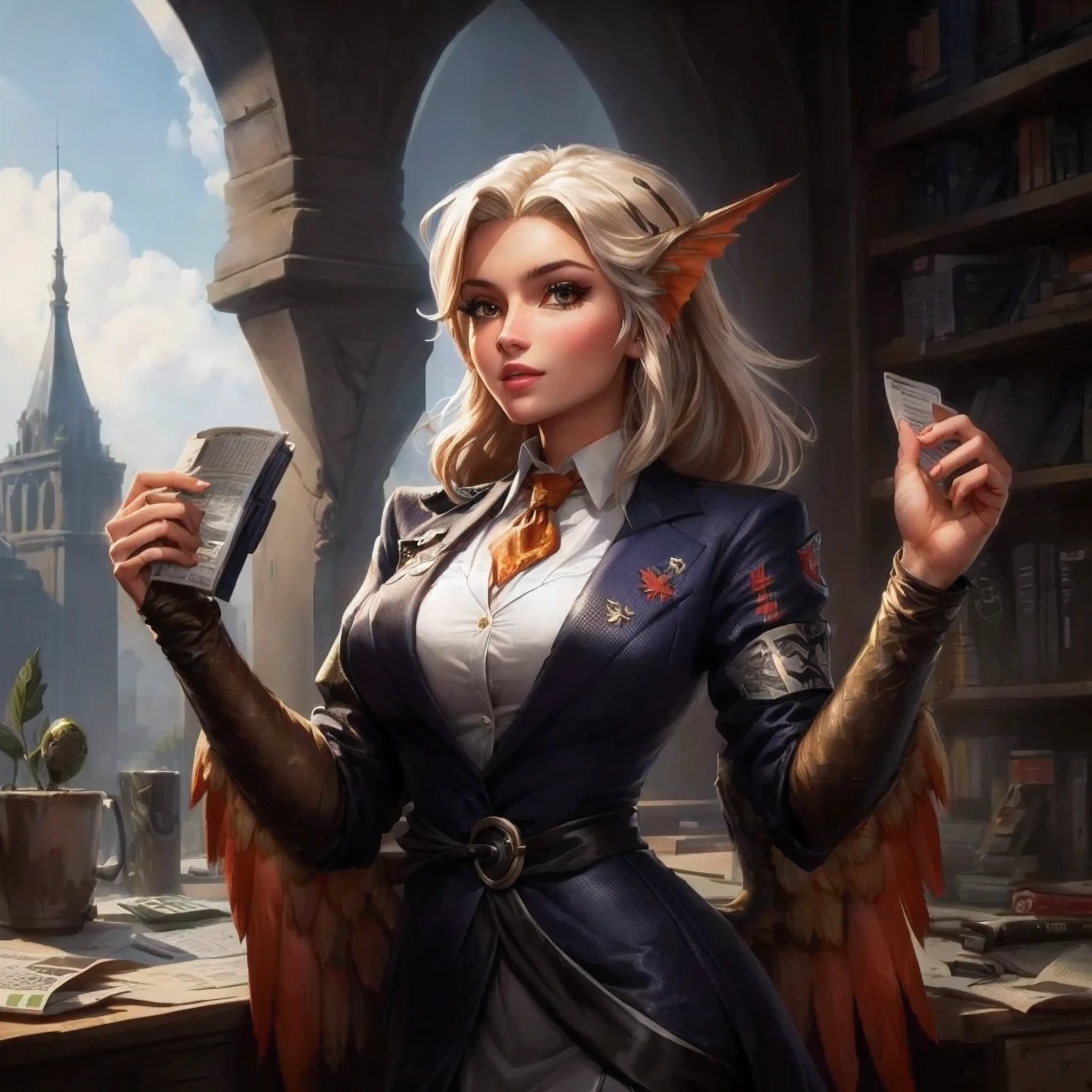 A Harpy news journalist reporter , full body,