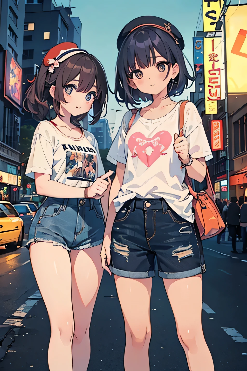 highest quality、High resolution、Detailed Background、(Beautiful face in every detail:1.4)、Anatomically correct、(Draw the usual number of fingers:1.2)、(Detailed facial expressions)、(Detailed eyes:1.2)、(Detailed eyes:1.2)、Beautiful, smooth skin、Teenage beauty、(Highly detailed face:1.4)、Cute color hair color、ponytail、Bobcut、Braided long hair、Wavy Hairstyle、well-groomed eyebrows、Cute Eye Makeup、Cute Lip Makeup、Perfect body line、(Cute clothes that don&#39;t reveal much:1.2)、Cowboy Shot、

(Two beautiful girls having a good time on a movie date:1.5)、

Outdoor movie screenings on spring and summer evenings、We recommend a casual and cute look with denim shorts and camisole tops.、Adding accessories perfect for movie screenings, such as a lace cardigan or a floral hat, will give you an even cuter look.、

Watch indie and arthouse films at small cinemas、We recommend casual and cool styling such as boyfriend jeans and band T-shirts.、Adding casual accessories such as a side bag or sneakers will give your outfit a cuter and more artistic look.、

A movie date will be even more special if you enjoy styling that matches the atmosphere of the theater and the genre of the movie.
