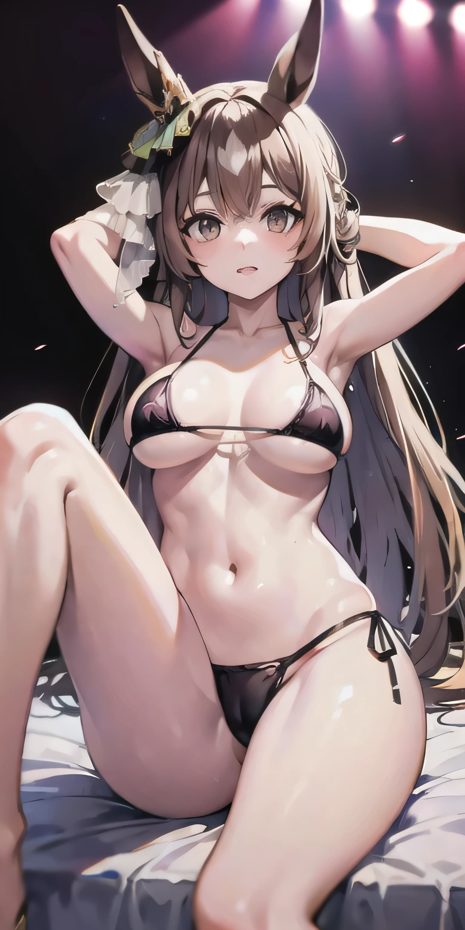 masterpiece, highest quality, close, Face shot, \(Umamusume\),((Purple micro bikini))、sit、Leg spread、semen、Mansuji、On the bed、Low - Angle、(((Big Breasts)))、Nightclub、Embarrassed、1st from the bottom.3