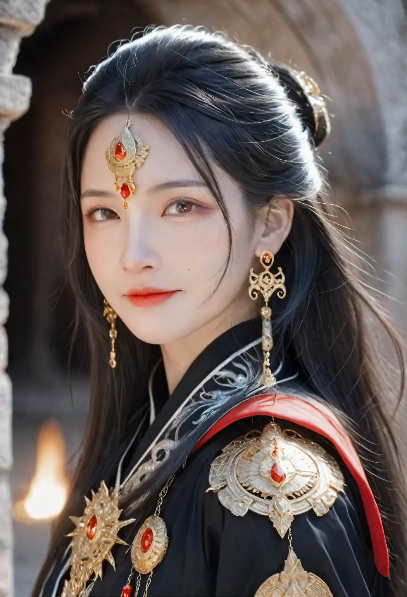 Concept art, fantasy theme, close-up shot, dramatic and highly detailed. A girl with long black straight hair and red eyes, wearing black armor and a red robe. She has a beautiful face and a perfect female figure, adorned with an earring. Her posture is alluring and prestigious, with a focus on her upper body as she looks into the distance with an evil laugh. The background features an indoor scene with ruins and fire, creating a mystical and intense atmosphere. High contrast lighting, Nikon camera, 100mm lens, F1.2 aperture.