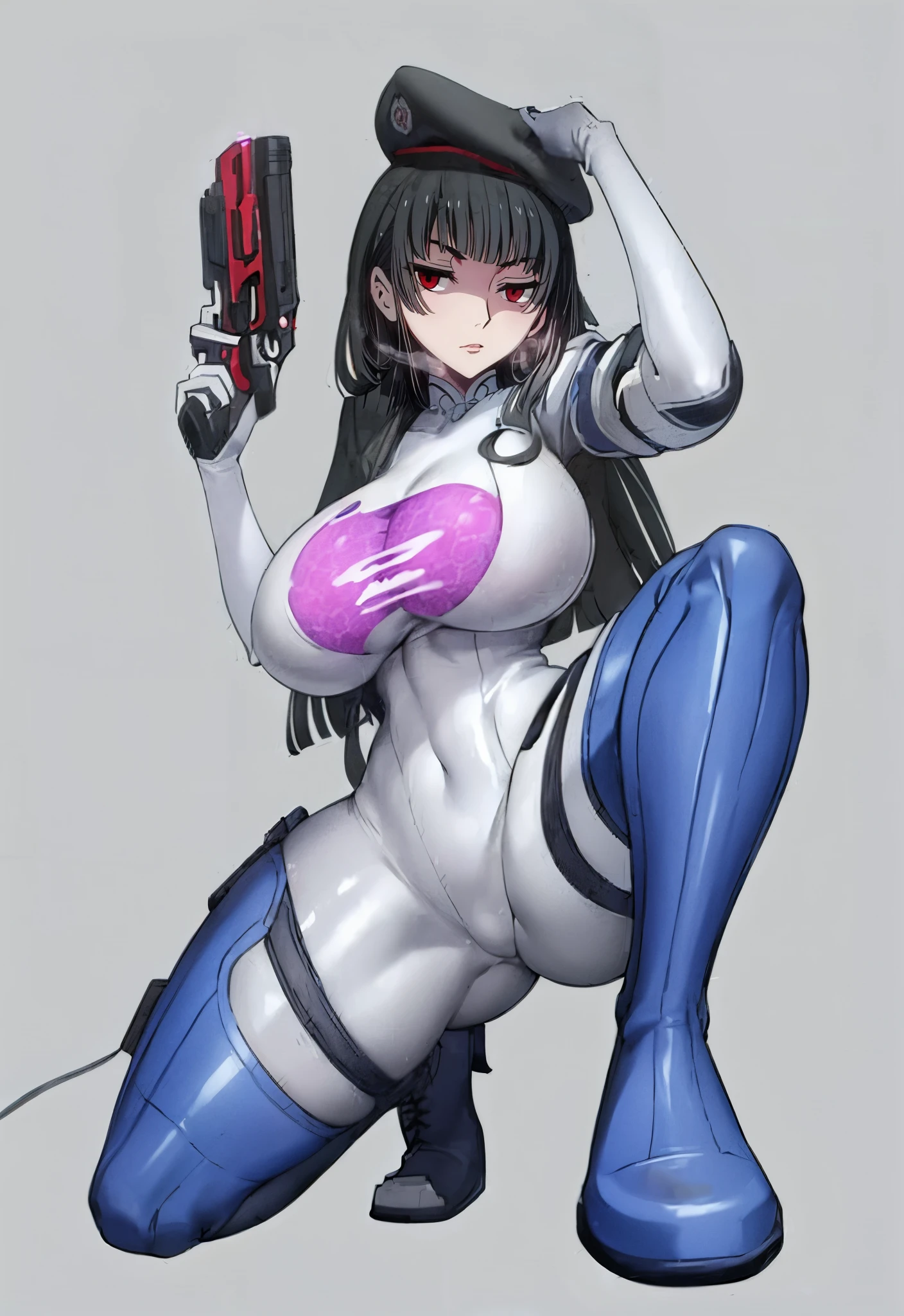 black hair, long hair, ichihara_yuuko, red eyes, curvy, anatomically correct, heavy breathing, huge breasts, 1girl, breasts, gun, weapon, solo, pink, beret hat, handgun, boots, bodysuit, beret, huge_breasts, thighs, thick_thighs, red_eyes, gloves, squatting, looking_at_viewer, spread_legs, skin_tight, holding gun, (shaded face:1.2), hollow eyes, red eyes, looking at viewer, (heavy breathing:1.2), emotionless, lips, nsfw, fantasy art, (electricity:1.2),