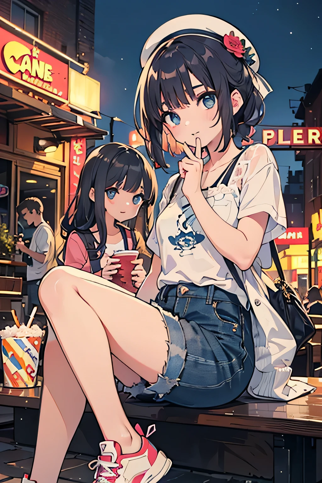 highest quality、High resolution、Detailed Background、(Beautiful face in every detail:1.4)、Anatomically correct、(Draw the usual number of fingers:1.2)、(Detailed facial expressions)、(Detailed eyes:1.2)、(Detailed eyes:1.2)、Beautiful, smooth skin、Teenage beauty、(Highly detailed face:1.4)、Cute color hair color、ponytail、Bobcut、Braided long hair、Wavy Hairstyle、well-groomed eyebrows、Cute Eye Makeup、Cute Lip Makeup、Perfect body line、(Cute clothes that don't reveal much:1.2)、Cowboy Shot、
(Two beautiful girls having a good time on a movie date:1.5)、
Outdoor movie screenings on spring and summer evenings、We recommend a casual and cute look with denim shorts and camisole tops.、Adding accessories perfect for movie screenings, such as a lace cardigan or a floral hat, will give you an even cuter look.、
Watch indie and arthouse films at small cinemas、We recommend casual and cool styling such as boyfriend jeans and band T-shirts.、Adding casual accessories such as a side bag or sneakers will give your outfit a cuter and more artistic look.、
A movie date will be even more special if you enjoy styling that matches the atmosphere of the theater and the genre of the movie.