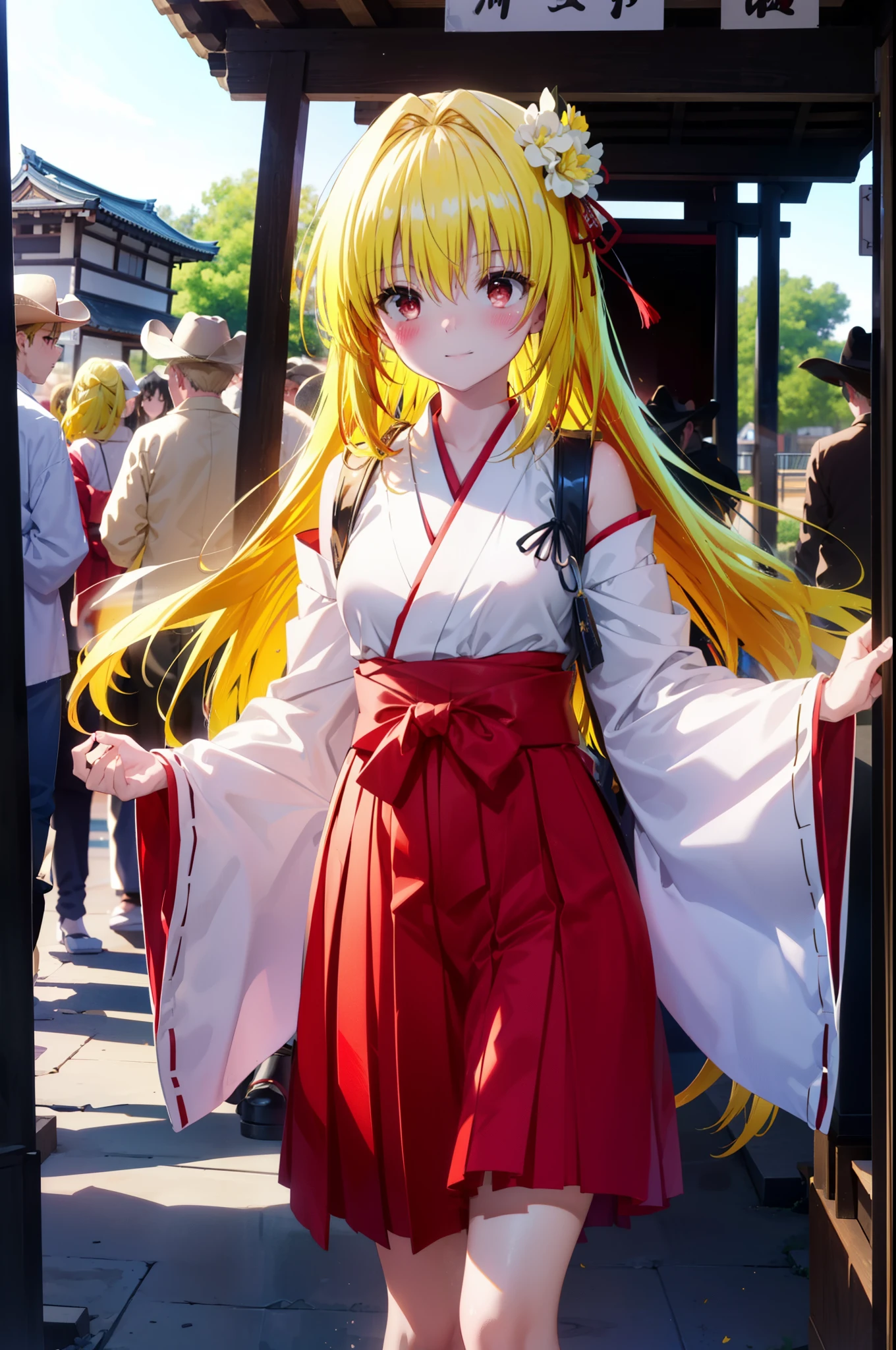 toloverumy, my, (Yellow Hair:1.5), Long Hair, (Red eyes:1.5), smile,blush, Embarrassing,White headband,Straight long hair,Platycodon grandiflorum,Miko, White kimono, kimono,Red Hakama,White tabi,Sandals, Wide sleeves, Long sleeve, Ribbon-trimmed sleeves, Daytime,Clear skies,
とてもLong Hair,
Watching the audience, Are standing,
break outdoors, shrine,torii,
break looking at viewer, (Cowboy Shot:1.5),
break (masterpiece:1.2), highest quality, High resolution, unity 8k wallpaper, (shape:0.8), (Beautiful details:1.6), Highly detailed face, Perfect lighting, Extremely detailed CG, (Perfect hands, Perfect Anatomy),