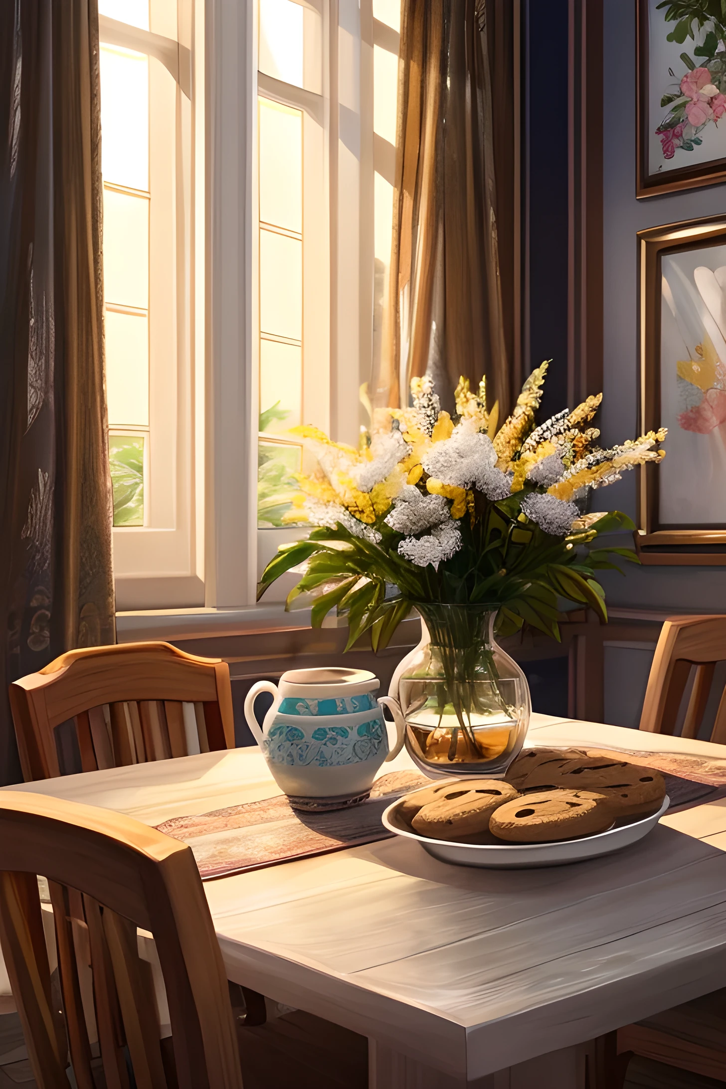 Create a photorealistic image in dark colors. white, red, yellow asters, peonies with greenery in a silver cup on a cafe table with a cup of coffee and cookies, a lot of details. pastel shades. impressionism. Light sunny home space background, where you can see knitted toys. Warmth and comfort. Fabulous atmosphere.