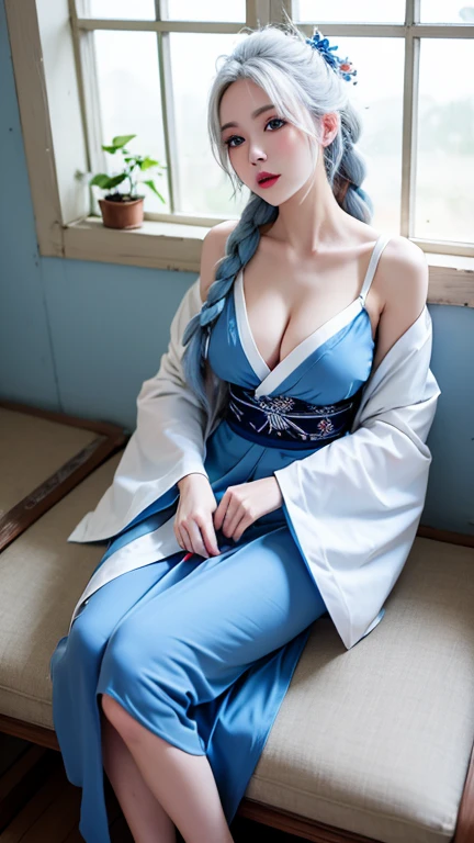 beautiful girl,sexy,tie white hair into braids,blue eyes,Wear a white kimono with an open shoulder.,Sitting by the window of an old Japanese style house.