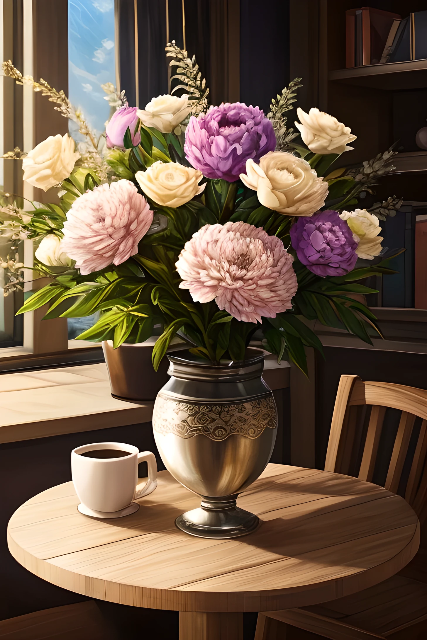 Create a photorealistic image in dark colors. white, red, yellow asters, peonies with greenery in a silver cup on a cafe table with a cup of coffee and cookies, a lot of details. pastel shades. impressionism. Light sunny home space background, where you can see knitted toys. Warmth and comfort. Fabulous atmosphere.