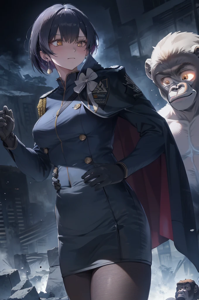 masterpiece, highest quality, Lilywaisu, earrings,black military uniform, cape,(black pencil skirt:1.3), pantyhose, white gloves, looking at the viewer, destroyed building, Soft particles, haze, Ash, dark, nightmare, Backlight, dramatic lighting,clenched hands, closed mouth,Depth of bounds written,cowboy shot,(fighting stance),(gorilla ghost behind her:1.3)