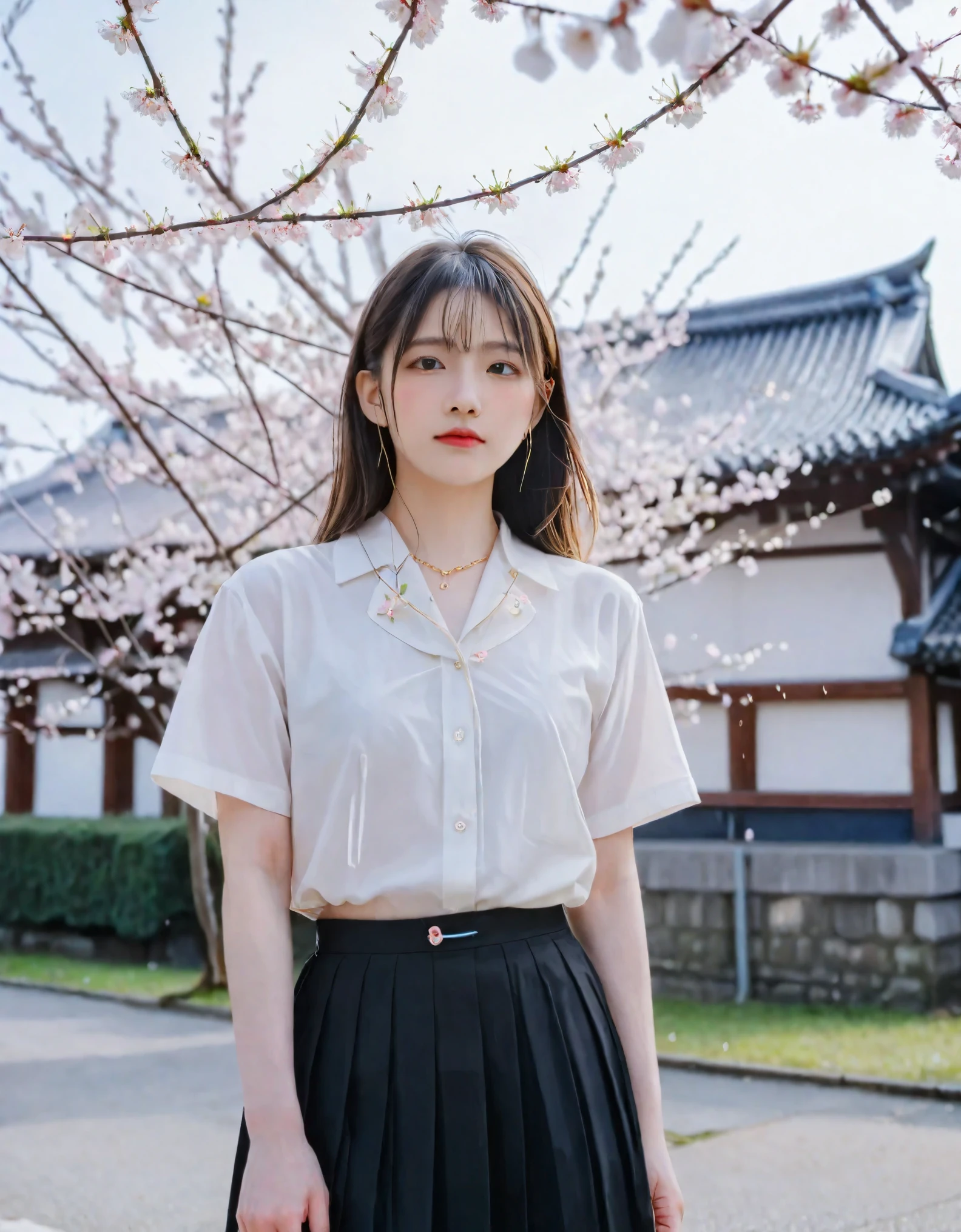 Cinematic photo,springtime, low angle shot, vibrant and detailed. A young girl with long hair, dressed in a black pleated skirt and short-sleeved shirt, standing under a cherry blossom tree. The scene is set outdoors with gentle rain and scattered cherry blossom petals. The background features a chain-link fence and a building, creating a contrast between urban and natural elements. Soft, diffused lighting, Sony camera, 35mm lens, F1.4 aperture.