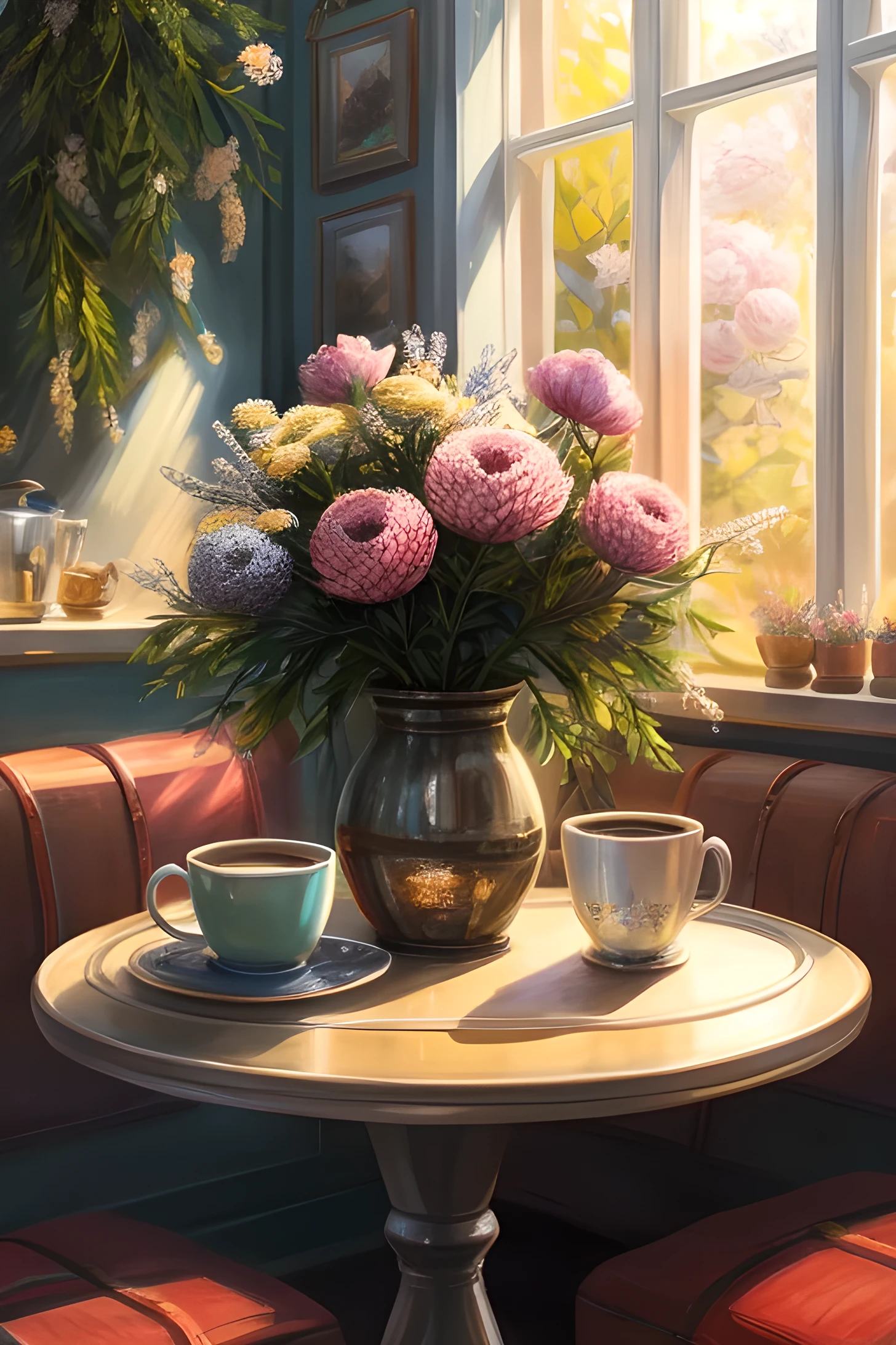 Create a photorealistic image in dark colors. white, red, yellow asters, peonies with greenery in a silver cup on a cafe table with a cup of coffee and cookies, a lot of details. pastel shades. impressionism. Light sunny home space background, where you can see knitted toys. Warmth and comfort. Fabulous atmosphere.