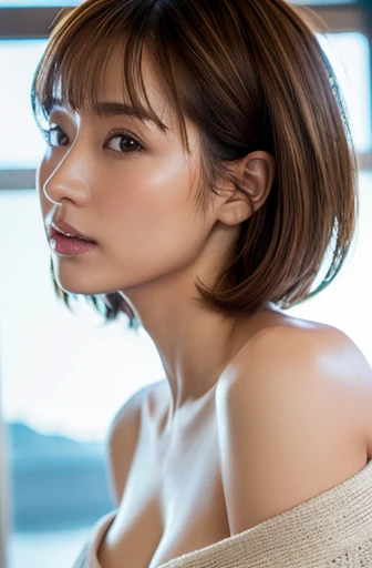 (masterpiece:1.3), (8k, Photorealistic, Raw photo, Best image quality: 1.4), Japanese women、profile、Cleavage:0.3、Super detailed face、Attention to detail、double eyelid、Put your chest together、Light brown hair、Boyish and sporty short hair、highest quality、masterpiece、超A high resolution、(Photorealistic:1.4)、Highly detailed and professional lighting、casual off shoulder、Deadly position