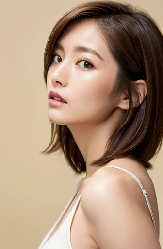 (masterpiece:1.3), (8k, Photorealistic, Raw photo, Best image quality: 1.4), Japanese women、profile、Cleavage:0.3、Super detailed face、Attention to detail、double eyelid、Put your chest together、Light brown hair、Boyish and sporty short hair、highest quality、masterpiece、超A high resolution、(Photorealistic:1.4)、Highly detailed and professional lighting、casual off shoulder、Deadly position