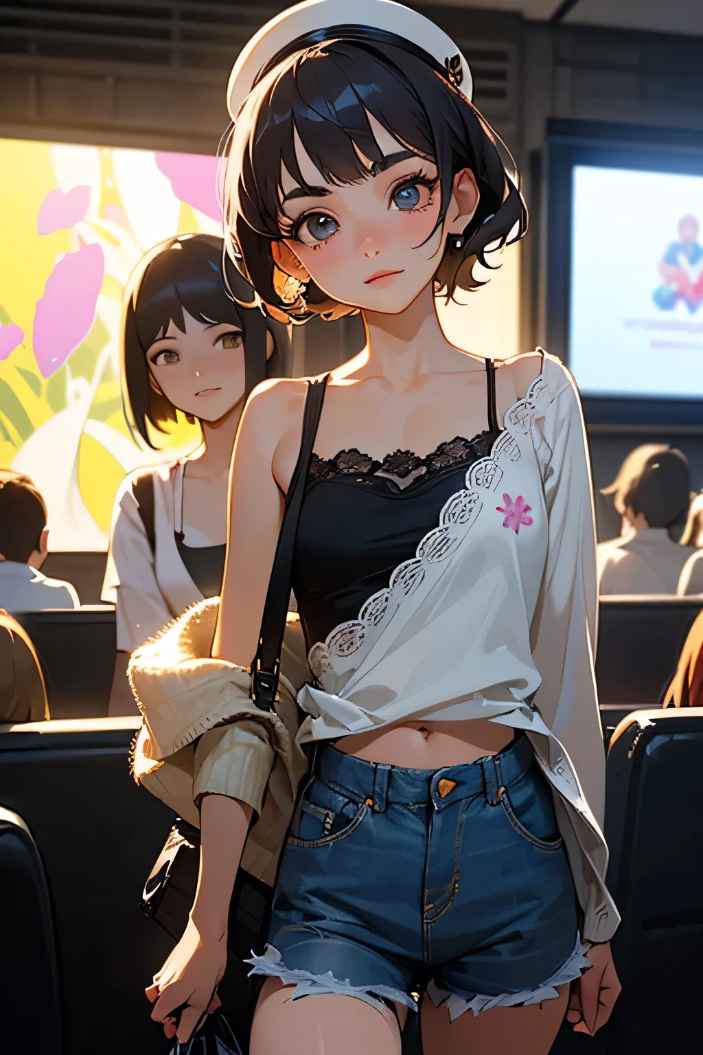 highest quality、High resolution、Detailed Background、(Beautiful face in every detail:1.4)、Anatomically correct、(Draw the usual number of fingers:1.2)、(Detailed facial expressions)、(Detailed eyes:1.2)、(Detailed eyes:1.2)、Beautiful, smooth skin、age beauty、(Highly detailed face:1.4)、Cute color hair color、ponytail、Bobcut、Braided long hair、Wavy Hairstyle、well-groomed eyebrows、Cute Eye Makeup、Cute Lip Makeup、Perfect body line、(Cute clothes that don't reveal much:1.2)、Cowboy Shot、
(Two beautiful girls having a good time on a movie date:1.5)、
Outdoor movie screenings on spring and summer evenings、We recommend a casual and cute look with denim shorts and camisole tops.、Adding accessories perfect for movie screenings, such as a lace cardigan or a floral hat, will give you an even cuter look.、
Watch indie and arthouse films at small cinemas、We recommend casual and cool styling such as boyfriend jeans and band T-shirts.、Adding casual accessories such as a side bag or sneakers will give your outfit a cuter and more artistic look.、
A movie date will be even more special if you enjoy styling that matches the atmosphere of the theater and the genre of the movie.