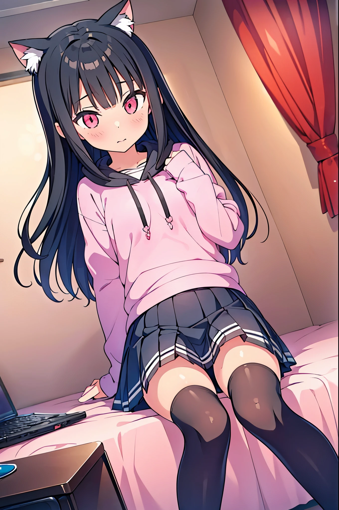 beautiful girl incredible quality 4k vtuber with red eyes black hair small breasts cat hoodie black school mini skirt skirt open legs with stocking showing pink panties in rgb gamer room NSFW 