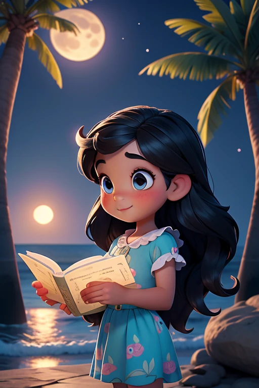 masterpiece, Best quality, 1 girl, Reading a book on a stone pier by the sea，night，Big full moon in the background，There are some cute rabbits around，coconut tree，Pixar style，Disney style，