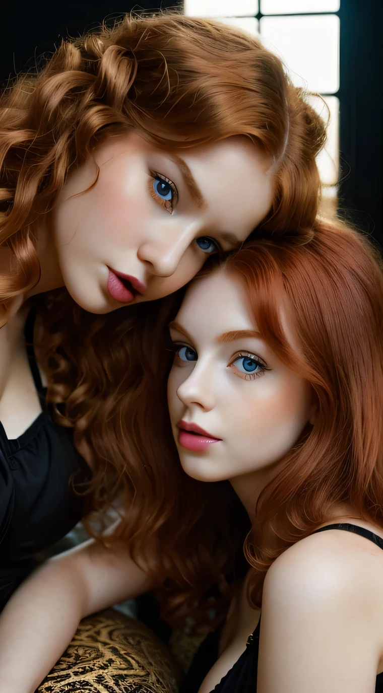 Analog fine-art photography of 2 girls, busty curvy girls, RED-HAIRED girls, blue eyes, soft makeup, bold pink lips(puffy lips)+, curly-hair, ( very pale skin)+, (huge rounds breasts), tightened thighs, huge ass, Slightly plump but yet fit. 2girls wearing a cute attire, large hair-bow. Asymmetrical poses on mismatched Furniture, open mouth. Window ceiling, dim lit room, black walls (Baroque black&gold print wallpaper), background set. With a sense of tension and dynamism in the image, which convey a sense of movement, unconventional beauty. The backlighting accentuates their silhouettes, projecting a soft glow that enhances the intimacy of the scene. ((CLOSE UP SHOT)), (((SFW photography))).
