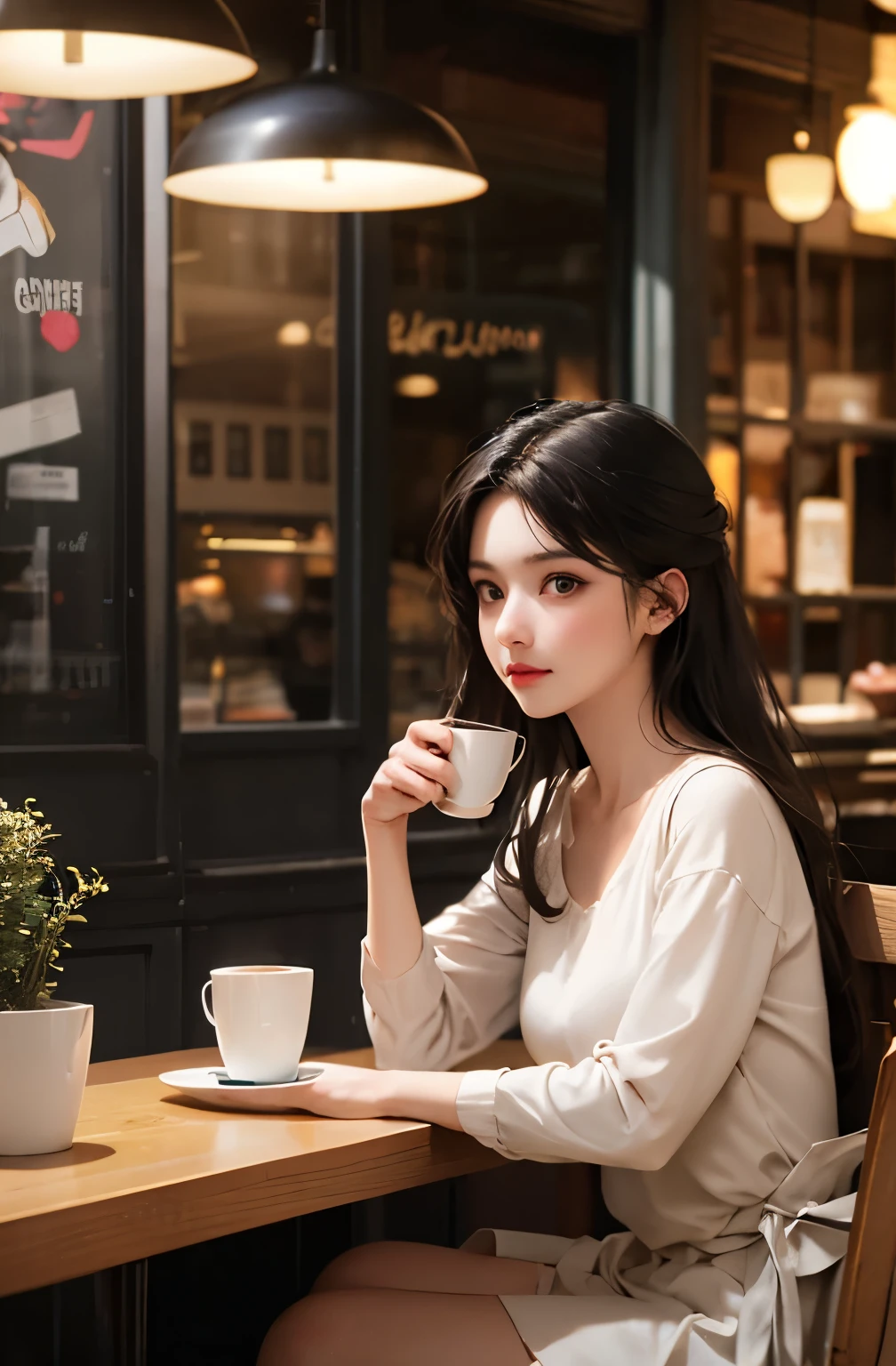 Beautiful woman drinking coffee in a cafe