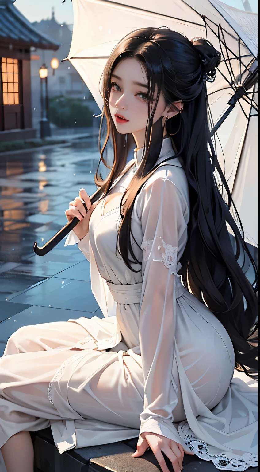 4k ultra high definition, masterpiece, best quality, A girl, Pretty Face, Delicate eyes, Very long hair, Impressive and attractive hair, nice, Lovely lips, hapiness, Opened his mouth, Rain skirt,Bring clothes of the same color and an umbrella, Dresses of random colors, White lace, Zhu Xia Jingjing, Shiny jewelry, Natural background, wetlands, heavy rain, Wet, Direct x 3.0 Visuals, Water reflection, heavy rain, Blowing, sitting, in the rain, Full body capture,