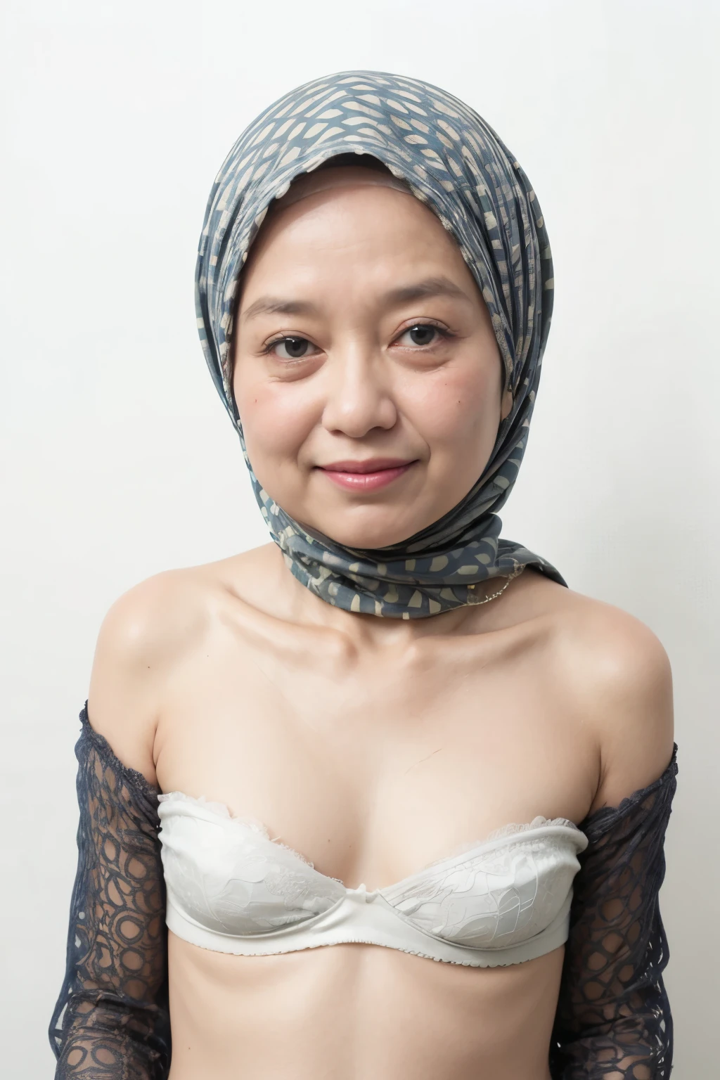 ((Old lady:1.5)), ((FLAT CHEST:1.6)), (Happy smile), (((HIJAB MALAY GIRL))), masutepiece, High quality, UHD 32K, Realistic face, Realistic skin feeling , A Japanese Lady, 58 years old matured lady, , Very cute and baby-like face, (((FLAT CHEST))), (Night time at forest), ((look In front  at the camera and SADNESS)), (((WHITE FLUORESCENT))), (((CUTE GIRL))), ((LIGHT GREEN FLUORESCENT LIPS)), ((Floral Pattern)) little wearing strapless bra, strapless colorful bra, dark night background , black forest night, horror scary place, (from behind up) seductive pose