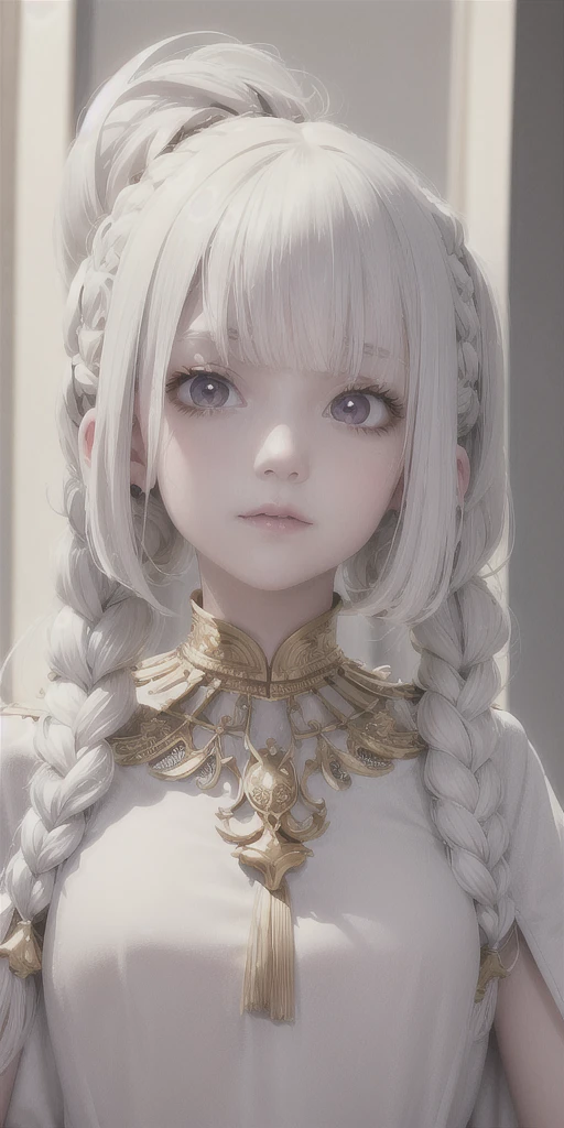 best quality, masterpiece,white hair, gold eyes,white clothes, looking up, upper body,hair strand,Fair skin,side braids