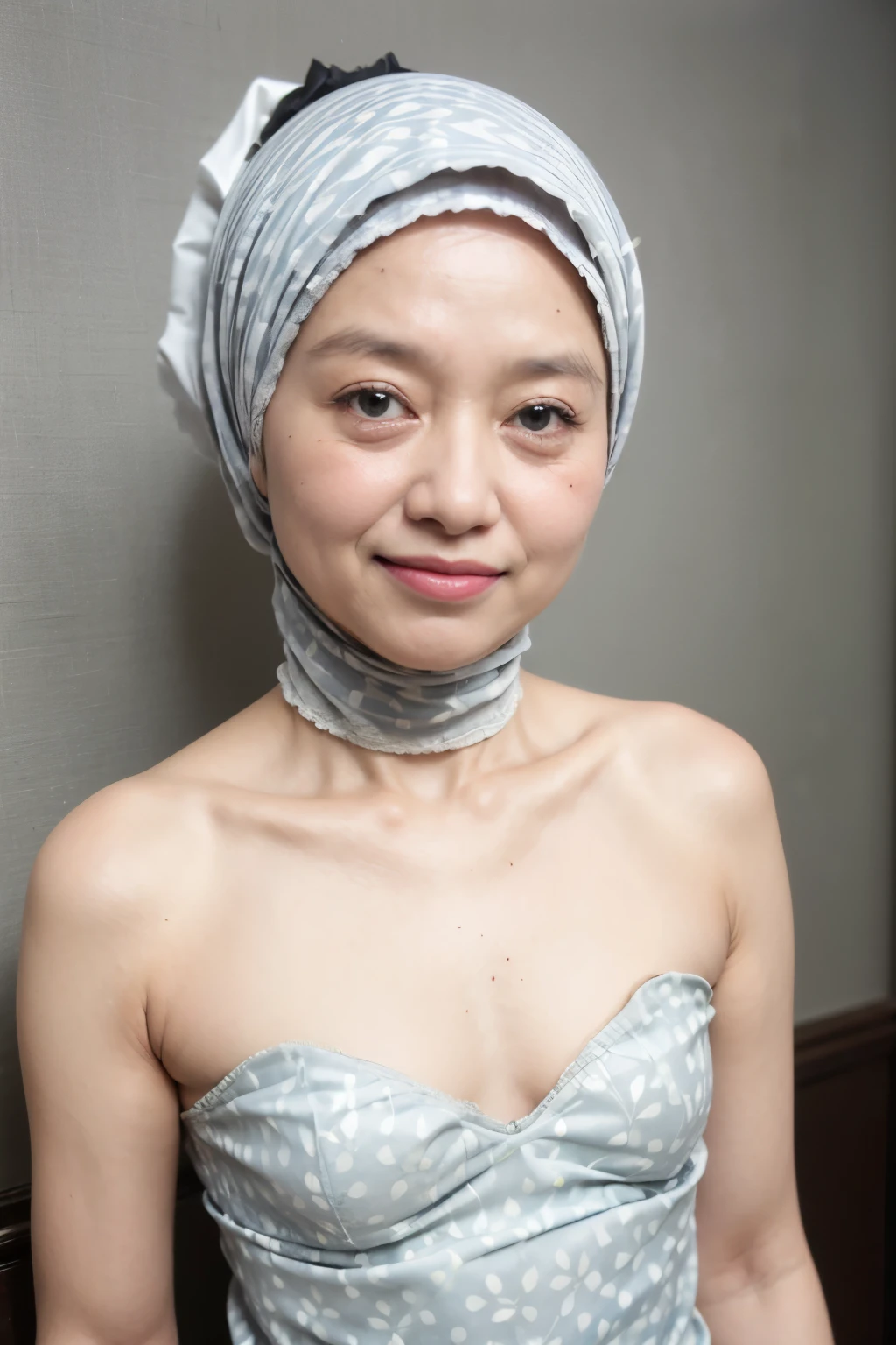 ((Old lady:1.5)), ((FLAT CHEST:1.6)), (Happy smile), (((HIJAB MALAY GIRL))), masutepiece, High quality, UHD 32K, Realistic face, Realistic skin feeling , A Japanese Lady, 58 years old matured lady, , Very cute and baby-like face, (((FLAT CHEST))), (Night time at forest), ((look In front at the camera and SADNESS)), (((WHITE FLUORESCENT))), (((CUTE GIRL))), ((LIGHT GREEN FLUORESCENT LIPS)), ((Floral Pattern)) little wearing strapless bra, strapless colorful bra, dark night background , black forest night, horror scary place, (from behind up) seductive pose