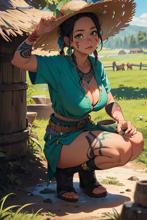 (best quality,4k,8k,highres,masterpiece:1.2),ultra-detailed,(realistic,photorealistic,photo-realistic:1.37),full body portrait of beautiful native tribal women in muddy primitive farm:1.2,(pounding vegetables into a mush in a large mortar and pestle)(primitive straw broad rim hat, colorful tribal belt, unclad, some tribal tattooing and body paint, confidence, big natural breast), (vivid colors, outdoors, green pastures). (head to toe, show all of her0