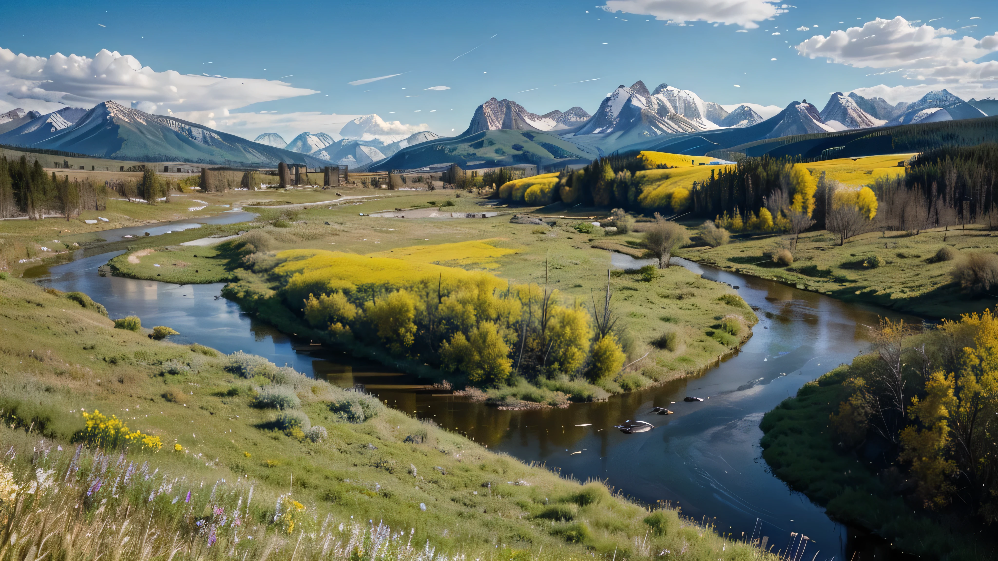 Theme: Vast Prairie and Distant Mountains

Style: Realism

Colors: Vibrant greens, yellows, and blues

Composition: The foreground is a vast prairie with tall grasses swaying in the wind. In the middle ground, there is a winding river cutting through the prairie. In the background, there are distant mountains with snow-capped peaks.

Details:

The prairie grasses are lush and green, with wildflowers blooming in patches.
The river is clear and blue, with fish jumping in the water.
The mountains are majestic and imposing, with clouds swirling around their peaks.
Emotion: Expansive, awe-inspiring, peaceful

Goal: To create a natural landscape painting that captures the vastness and beauty of the prairie and the distant mountains, and allows the viewer to feel a sense of peace and awe.