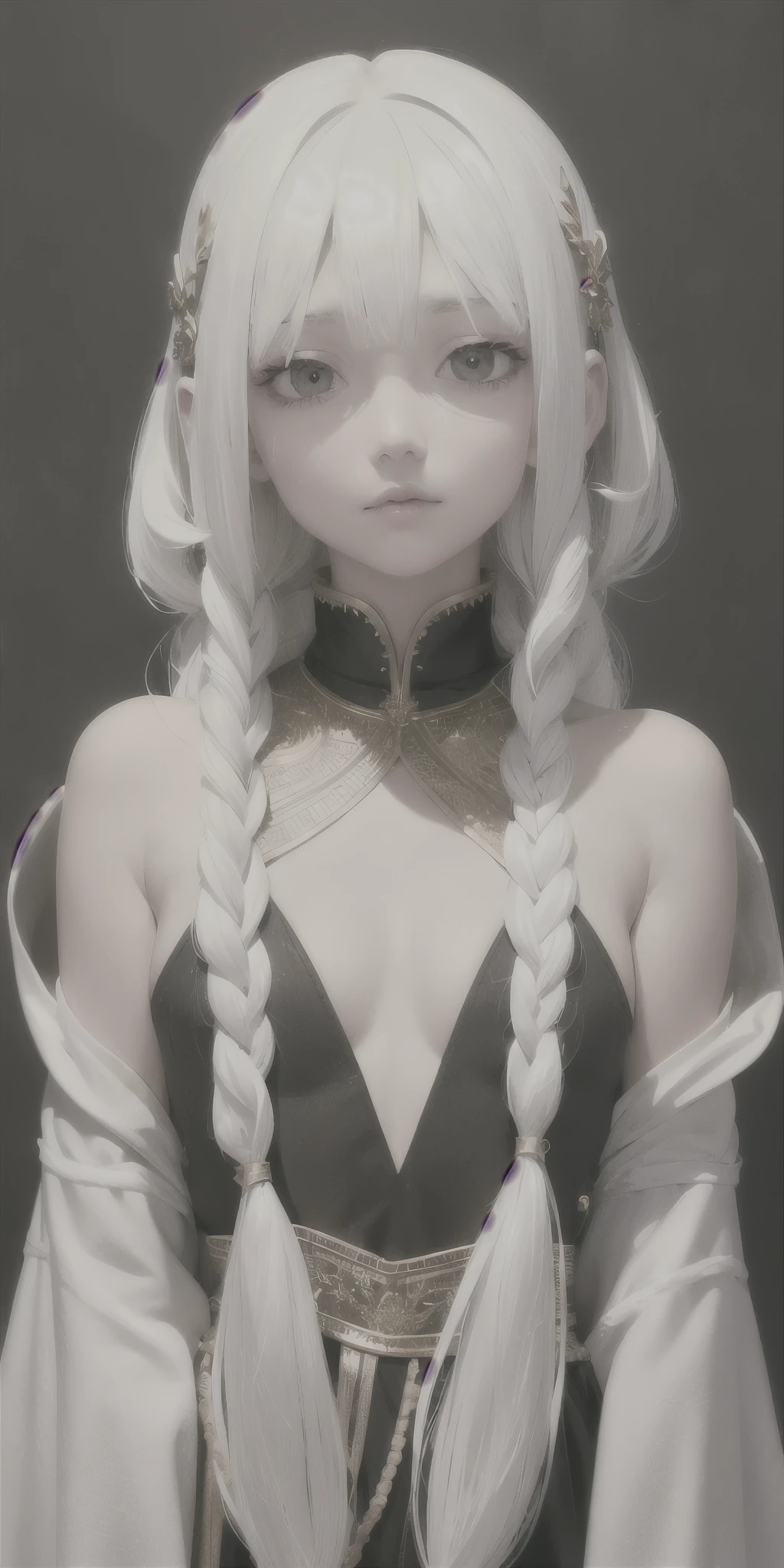 best quality, masterpiece,white hair, gold eyes,white clothes, looking up, upper body,hair strand,Fair skin,side braids