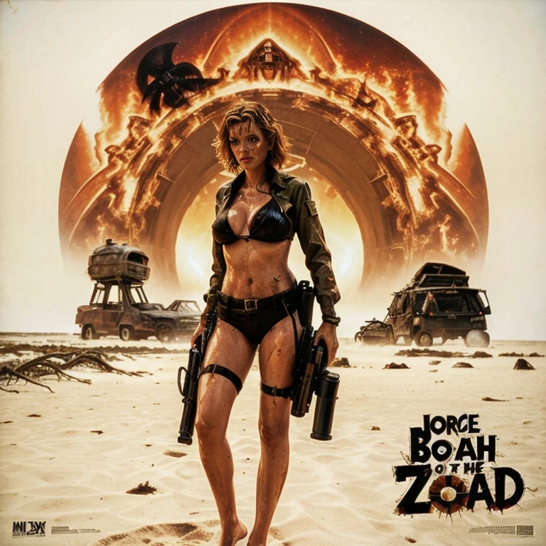 Beach of the Dead - original motion picture soundtrack, horror film, A beautiful woman in a bikini swimsuit stands in a full-body pose in the center, In the background is a spooky deserted island beach with a sexy female companion with a gun and zombies swarming around、Spooky atmosphere、soundtrack jacket、Digitally Remastered, Kinematics」, John Maggs, Roy Dargano, Movie Posters, Album cover, 1 9 7 0 sMovie Posters, Oil painting