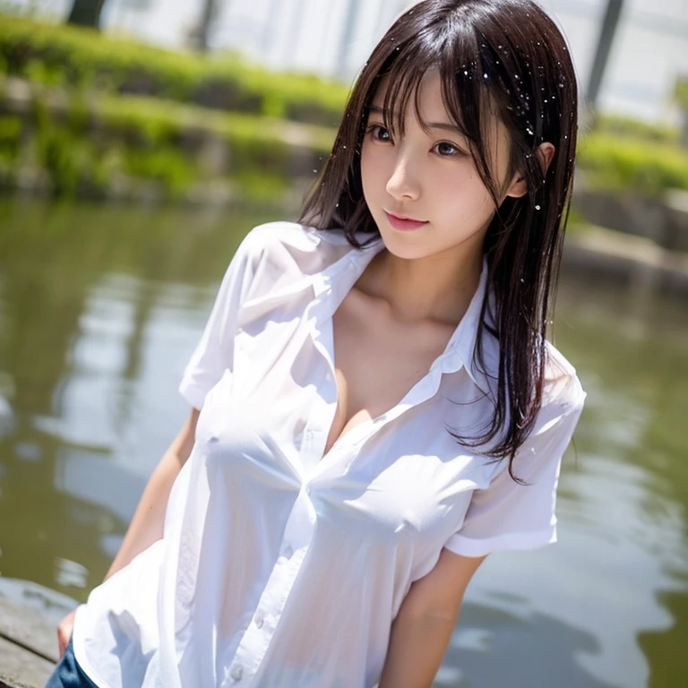 Beautiful Japanese girl wearing a white shirt without a bra,, My whole body is soaked with water,The shirt is open at the waist