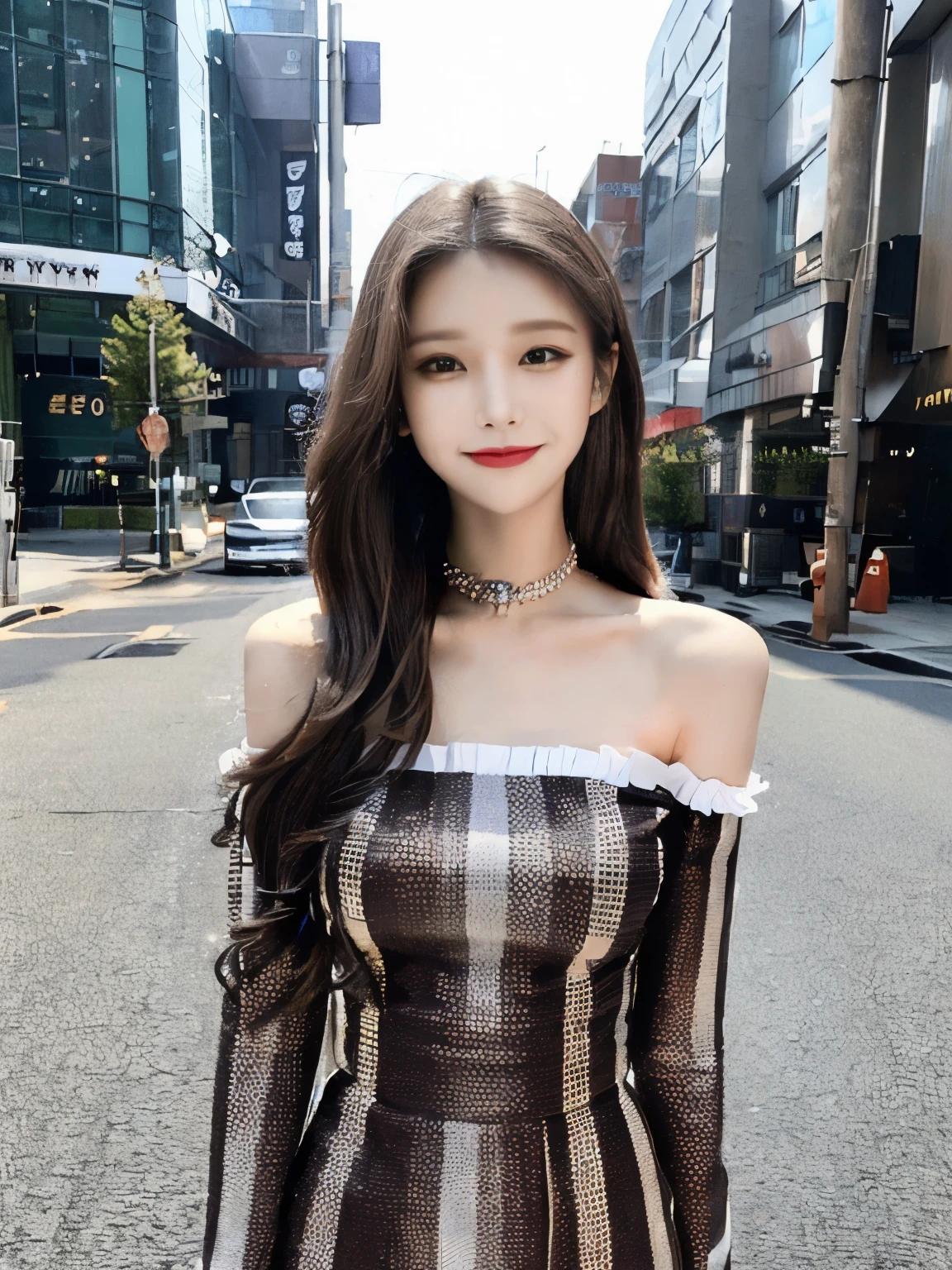 ((Best quality, 8k, Masterpiece :1.3)), 1girl, smiling, full body, slim face, Pretty woman, (Dark brown hair), full length dress :1.1, Ultra-detailed face, Detailed eyes, Double eyelid, blur background, slim face, city, outside, street,medium breasts, (Random body direction),