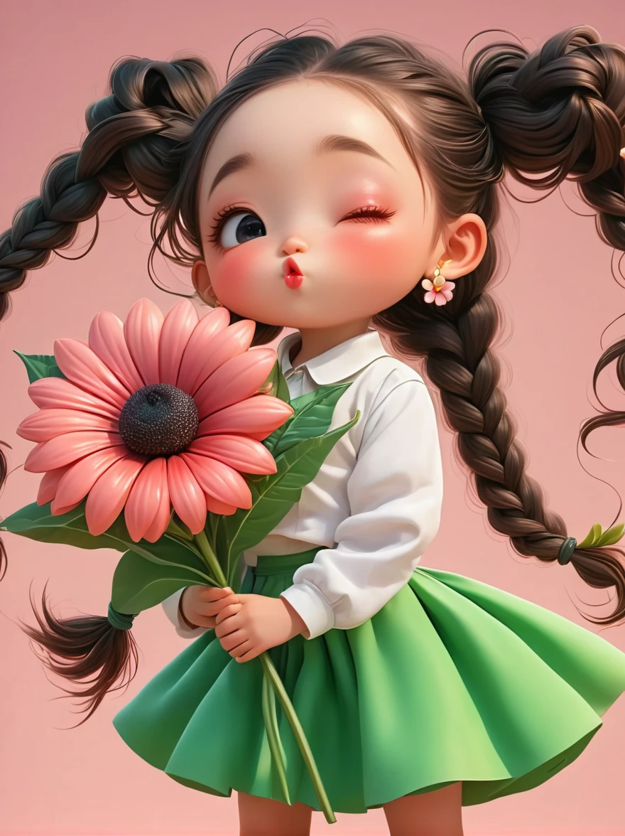 Cute with long braids,Kissing in front of the camera,Wearing a skirt,Holding a huge flower,(Close one eye:1.6),3D Rendering,Solid color background,close up,chibi anime,Surrealism,cartoon Q version, by Tiago Hoisel