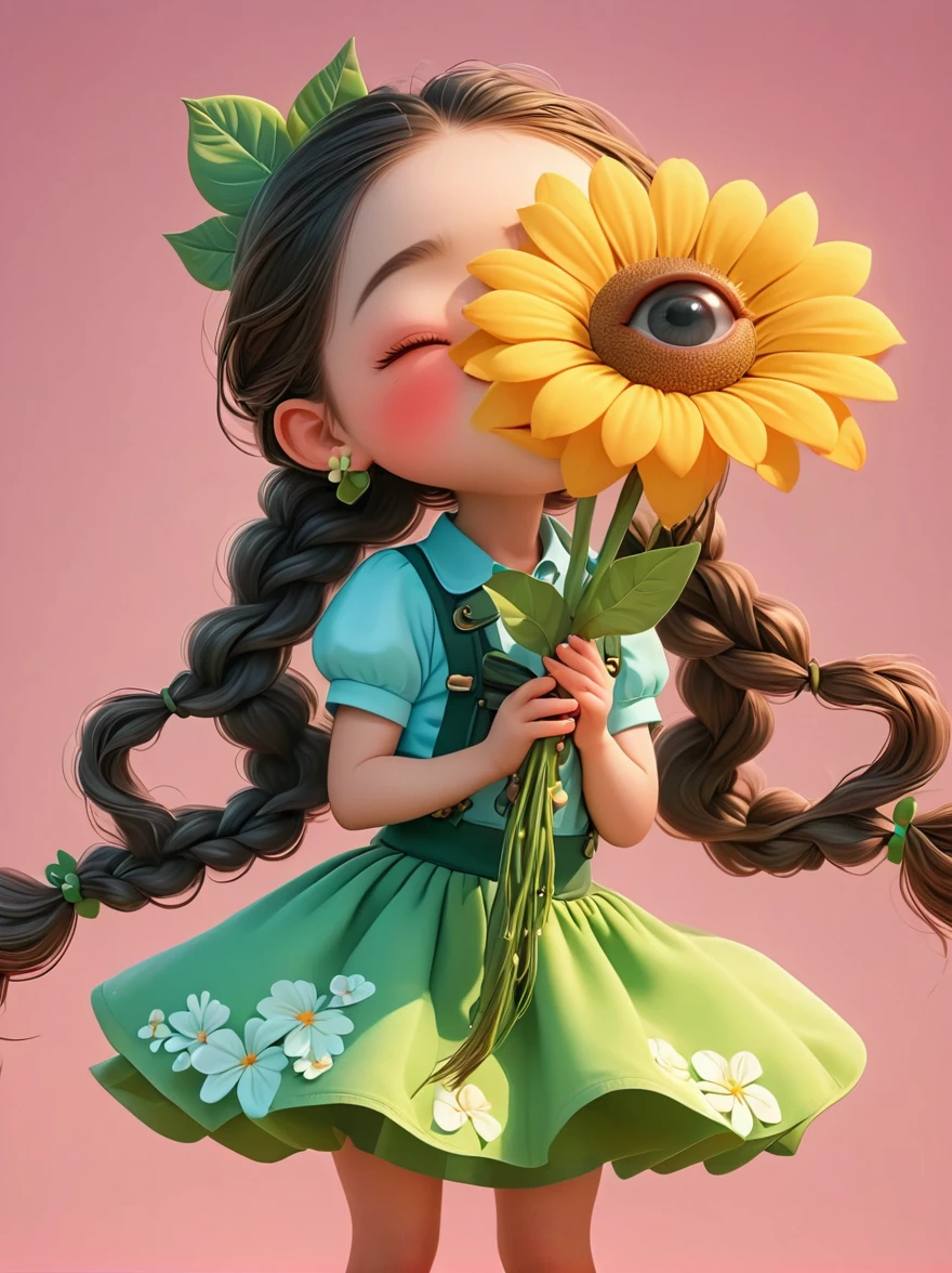 Cute little girl with long braids,Kissing in front of the camera,Wearing a skirt,Holding a huge flower,(Close one eye:1.6),3D Rendering,Solid color background,close up,chibi anime,Surrealism,cartoon Q version, by Tiago Hoisel
