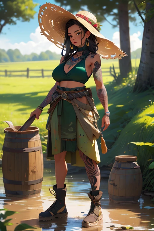 (best quality,4k,8k,highres,masterpiece:1.2),ultra-detailed,(realistic,photorealistic,photo-realistic:1.37),full body portrait of beautiful native tribal women in muddy primitive farm:1.2,(pounding vegetables into a mush in a large mortar and pestle)(primitive straw broad rim hat, colorful tribal belt, unclad, some tribal tattooing and body paint, confidence, big natural breast), (vivid colors, outdoors, green pastures). (head to toe, show all of her0