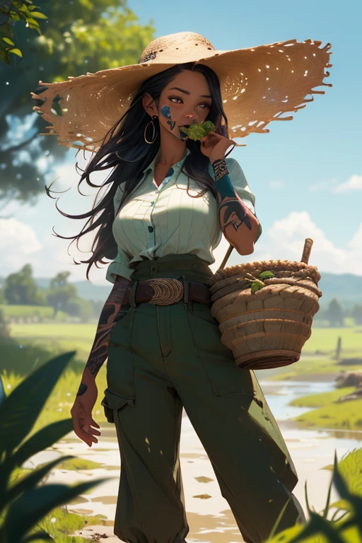 (best quality,4k,8k,highres,masterpiece:1.2),ultra-detailed,(realistic,photorealistic,photo-realistic:1.37),full body portrait of beautiful native tribal women in muddy primitive farm:1.2,(pounding vegetables into a mush in a large mortar and pestle)(primitive straw broad rim hat, colorful tribal belt, unclad, some tribal tattooing and body paint, confidence, big natural breast), (vivid colors, outdoors, green pastures). (head to toe, show all of her0