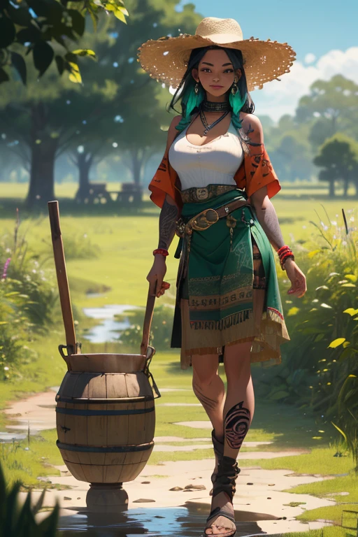 (best quality,4k,8k,highres,masterpiece:1.2),ultra-detailed,(realistic,photorealistic,photo-realistic:1.37),full body portrait of beautiful native tribal women in muddy primitive farm:1.2,(pounding vegetables into a mush in a large mortar and pestle)(primitive straw broad rim hat, colorful tribal belt, unclad, some tribal tattooing and body paint, confidence, big natural breast), (vivid colors, outdoors, green pastures). (head to toe, show all of her0