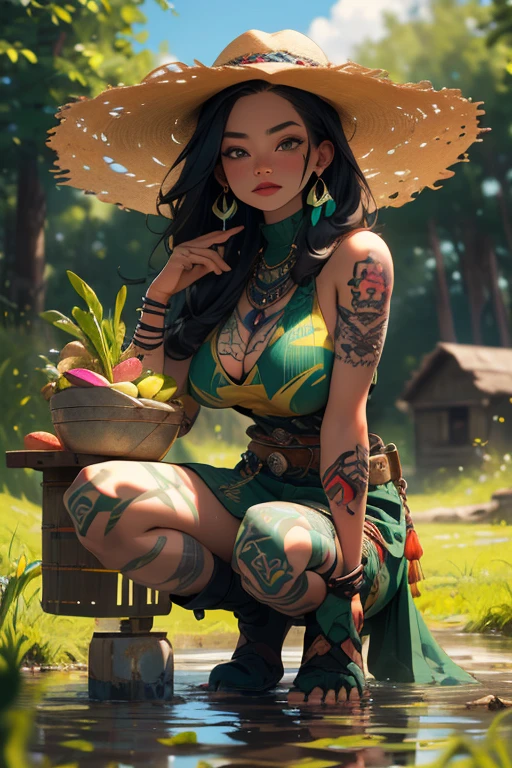 (best quality,4k,8k,highres,masterpiece:1.2),ultra-detailed,(realistic,photorealistic,photo-realistic:1.37),full body portrait of beautiful native tribal women in muddy primitive farm:1.2,(pounding vegetables into a mush in a large mortar and pestle)(primitive straw broad rim hat, colorful tribal belt, unclad, some tribal tattooing and body paint, confidence, big natural breast), (vivid colors, outdoors, green pastures). (head to toe, show all of her0