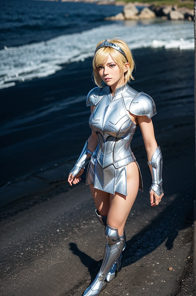 beautiful detail, best quality, 8k, highly detailed face and skin texture, high resolution, blond short hair girl in blue short sleeve and silver armor, wearing swan head band, standing at ice field, full body, sharp focus
