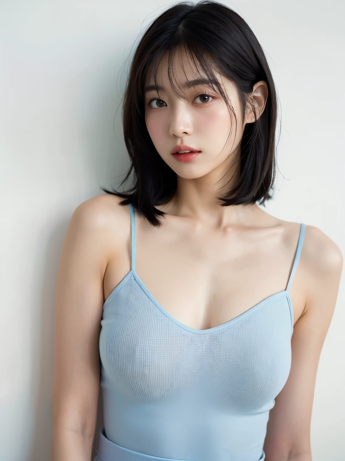 See-through tops、Big Breasts、camisole、(背景にWhite wall、Some of her hair is sky blue:1.4)、White wall、Taken in front of a white door、(窓のあるWhite wallの部屋)、((highest quality、8k、masterpiece:1.3))、Ultra-high resolution、(photoGenuineistic:1.4)、RAW Photos、Japanese,(Detailed aspect)、Genuine、Photographed in natural light、Highly detailed face and skin texture、Highly detailed lips、The correct state of the human body、Medium Hair、Black Hair、Various poses、Natural color lip