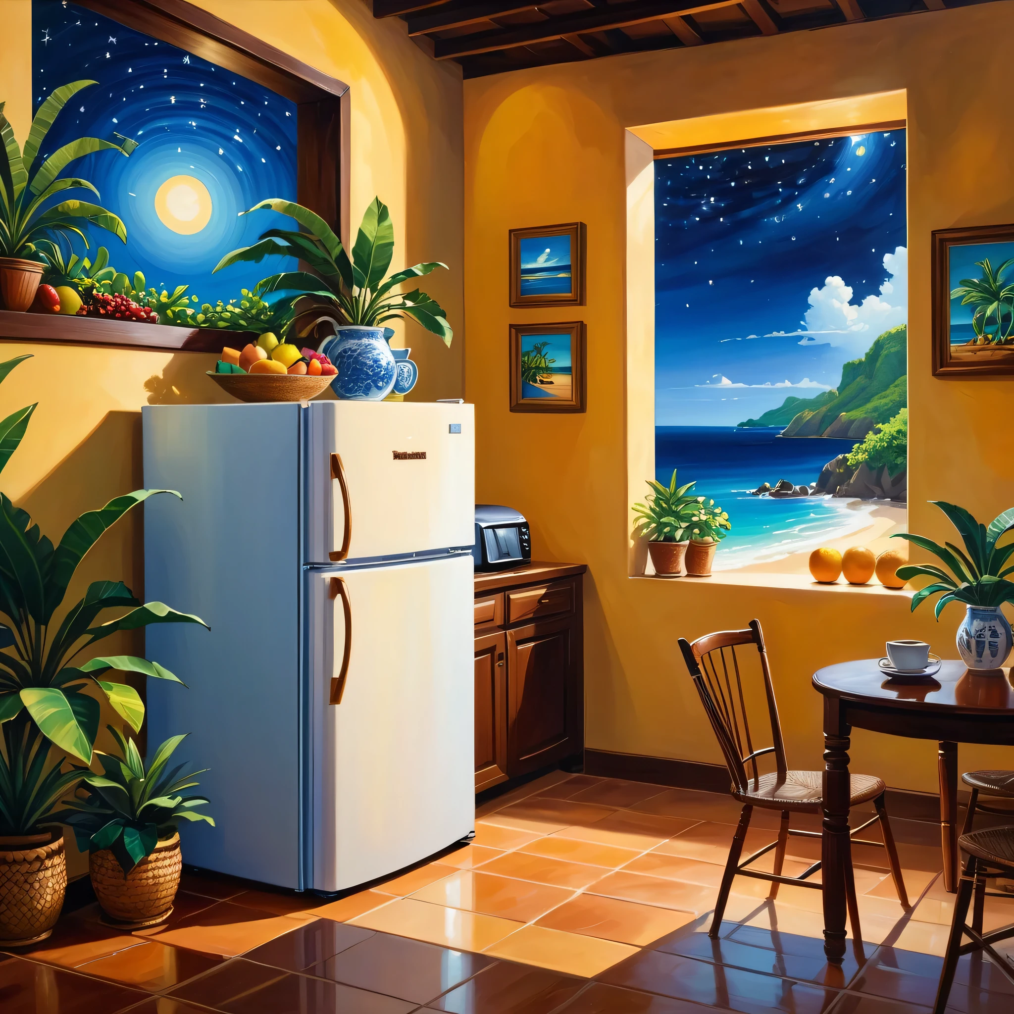 oil painting (obra de arte:1), (wide sight:1.7),(uma cozinha com vista para o mar :1.6), (microondas:1.3), (vasos com plantas tropicais:1.5), (noite:1.5), silence, (frutas na cesta:1.4), (Utensils:1.5), (brilho suave de tons vibrantes:1.4), (luz do luar caindo dentro:1.5), starry sky), peaceful, (tapete:1.4),(Coffee mug:1.3), (prateleiras:1.3), (wooden furniture:1.5), (beautiful aesthetic:1.2), (refrigerator:1.5), Tons bonitos, cores sutis, peaceful, (illustration: 1.0), Epic composition,  (nenhum humano:1.6), Detalhes HD, obra de arte, melhor qualidade, ,