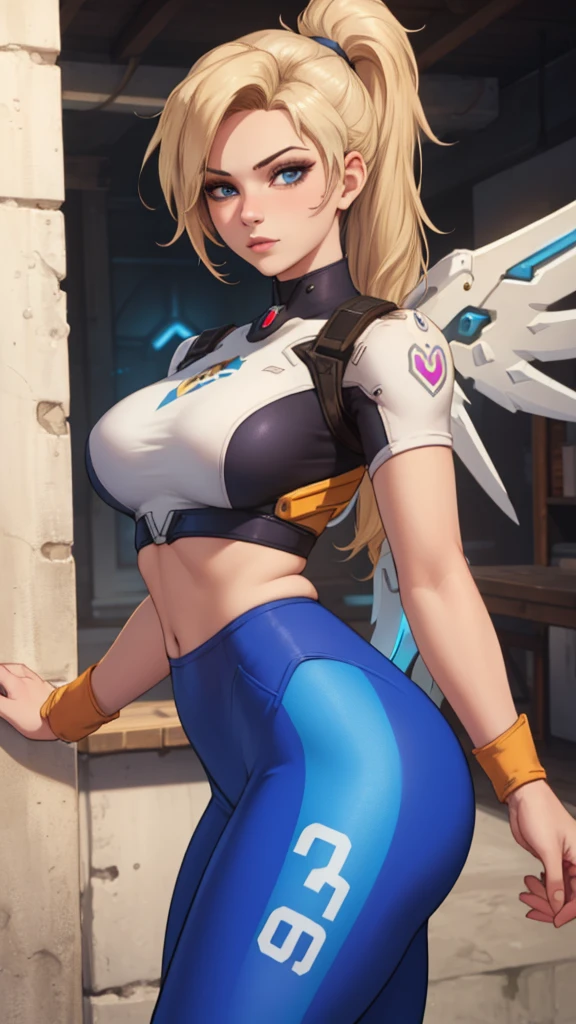 1 girl,(solo), (cowboy shot:1.4), (masterpiece:1.2), (best quality:1.2),looking at viewer,dynamic pose, (ultra detailed),realistic, perfect eyes,blue eyes,short blonde hair,high short ponytail,Mercy/(Overwatch/), wings, leggings,crop top, curvy,