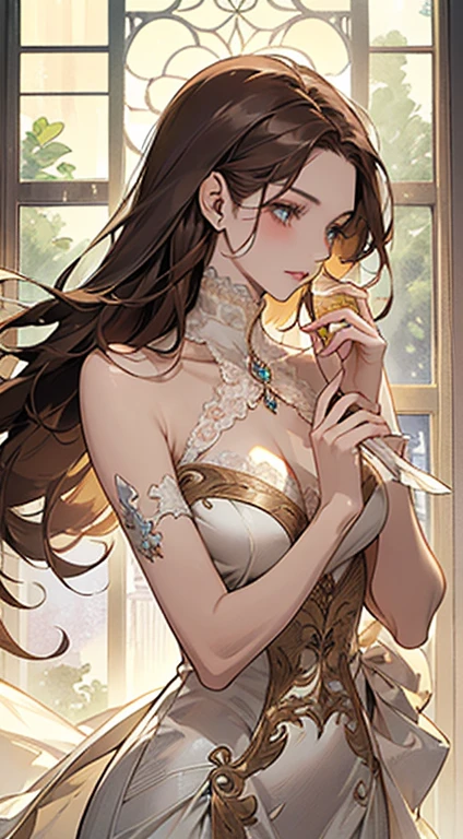 ((masterpiece、Ultra Detail、detaile、top-quality、illustratio) 1 girl、solo、Brown hair、White Dress、glass、Japanese garden、knight、Indoor、Luxury、elegent、refinement、top grade、Fashionable、Chic、enticing、Enchanting、a gorgeous、Enchanting、adolable、A face with attention to detail、beautidful eyes、Soft expression、Plump lips、slim figure、beautiful curves、Hourglass body shape、Medium bust、Slender arms、Graceful hands、Classy fingers、Delicate wrist、Elegant neck、bare shoulders、slick skin、a slender waist、A flowing dress、Complex lace patterns、The origin of translucency、high slit、Long hemline、Elegant high heels、intricate designs、White color scheme、subtle shadows、Dim lighting、Warm tones、Crystal glassware、Condensation on glass、wining、Drink、Refreshing、foaming、whets the appetite、Refreshing atmosphere、Relaxing、serene ambiance、A quiet、A quiet、Calming the mind、Pleasant atmosphere、Sophisticated background music、Live jazz music、Faint sound、Gentle tweets、Ambient noise、artistic composition、visually striking、Harmonious color scheme、Balanced composition、Professional finish