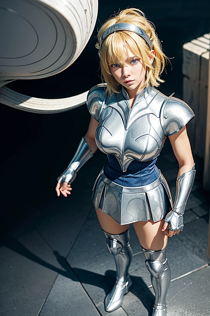 beautiful detail, best quality, 8k, highly detailed face and skin texture, high resolution, blond short hair girl in blue short sleeve and silver armor, wearing swan head band, standing at ice field, full body, sharp focus